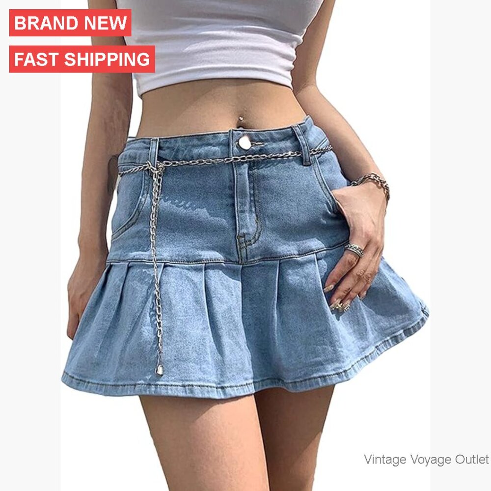 Y2K Low Waist Denim Skirt with Built-in Shorts, A-line Ruffle Pleated Mini